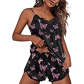 Ekouaer Pajama Sets for Women Lingerie Sleepwear 2 Piece Cami Split Short Set V Neck Lace Pjs