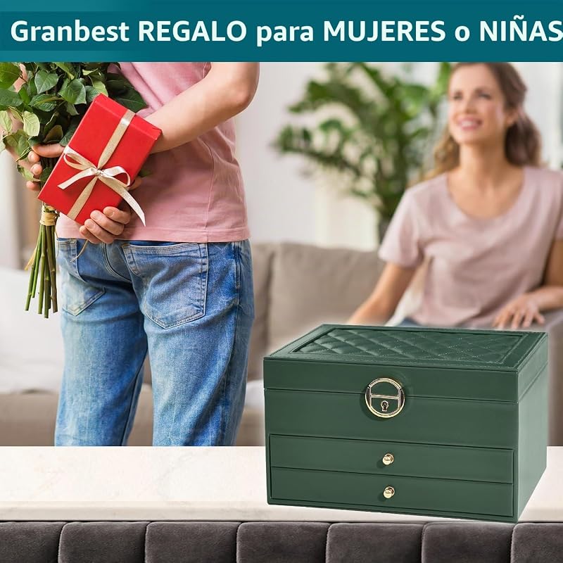 Caja de Joyería de 3 Capas con 2 Cajones, Elegante Organizador de Joyas, Estuche de Almacenamiento de Joyas de Cuero Ideal para Collares, Pulseras, Anillos y Pendientes (Verde Oscuro) — foto 7 de 7
