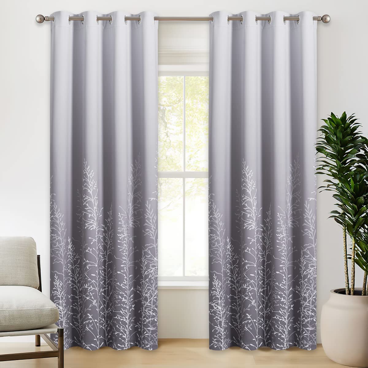 RYB HOME Blackout Curtains for Bedroom - Omber Curtains for Living Room Sunlight Block Noise Reduce Energy Efficiency Room Darkening Curtains with Tree Pattern, White and Grey, 52 x 84 inch, 2 Panels Image