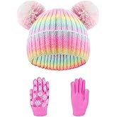 Kids Winter Hat and Gloves Set Girls Rainbow Pom Pom Beanie kids Warm Knit Snow Ski Hat and Gloves for 3-12Years