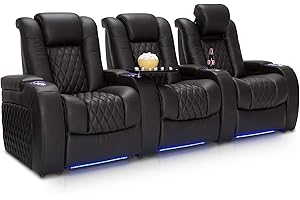 Seatcraft Diamante - Home Theater Seating - Living Room - Power Recline - Italian Leather - Powered Headrests - Cupholders - USB Charging - Ambient Lighting - Arm Storage, Row of 3, Black