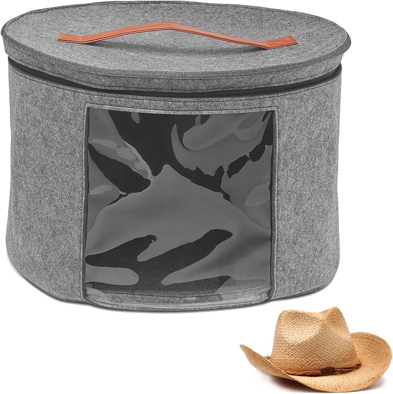 DYOUen Felt Hat Storage Box Round Foldable Clear Window Handle Grey Wardrobe
