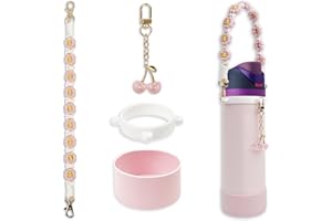 BydGxy Protective Silicone Boot & Handle Strap Set with Cherry Charm Compatible with Owala Water Bottle 24 oz, 32 oz, 40 oz & Free sip, Non-Slip Cup Holder Base Owala Accessories Set for Pink Tumblers