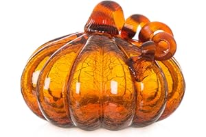 Glitzhome Hand Blown Glass Pumpkin Table Top Home Décor, 5.51", Amber