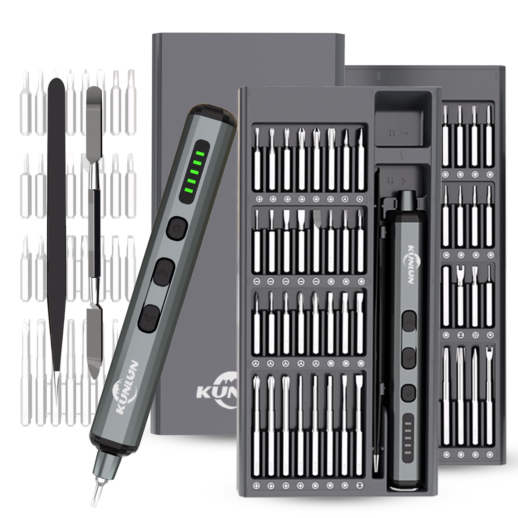 KUNLUN Electric Screwdriver Set, 72 in 1 Precision Cordless Rechargeable Mini Screwdriver Set with 64 Magnetic Bits S2 Steel with Led Light, Small Electric Screwdriver for Laptop Watch Camera Repair