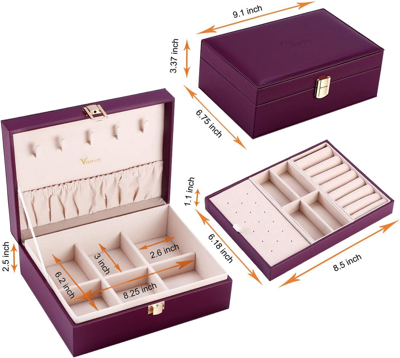 Voova Jewelry Box Organizer for Women Girls, 2 Layer Large Men Jewelry Storage Case, PU Leather Display Jewel Holder with Removable Tray for Necklace Earrings Rings Bracelets, Vintage Gift, Purple: Home Improvement