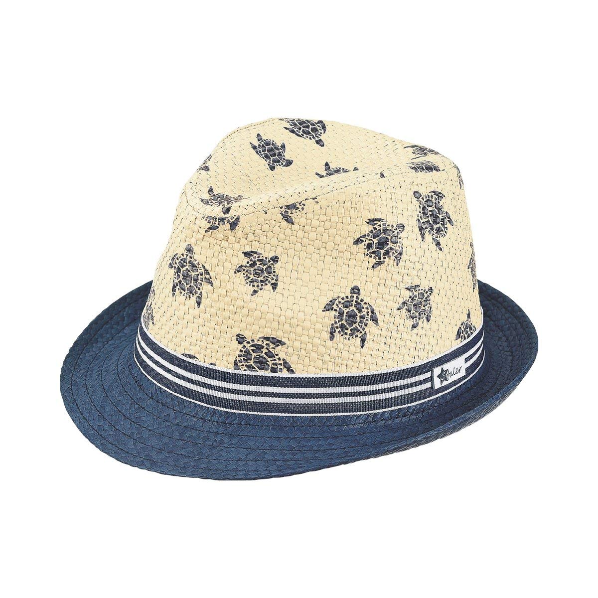Sterntaler Boys' Straw Hat with Striped Band and Tortoise Pattern, Age: 6-9 Months, Size: 45, Sandy Beige/Navy Blue