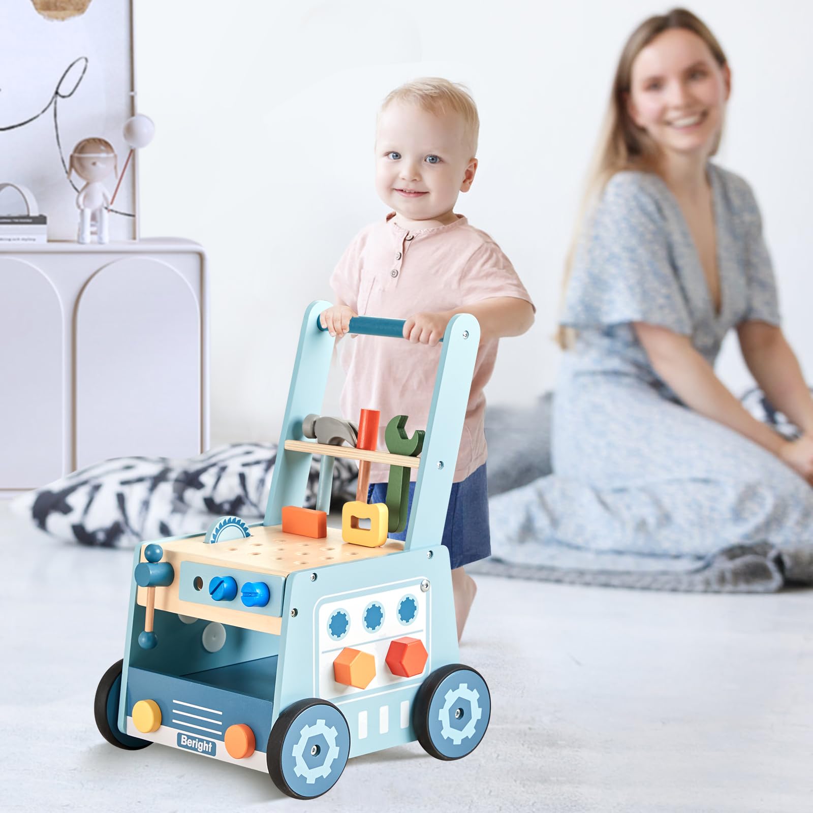 Beright Wooden Baby Push Walker, Wooden Baby Walker and Tool Toy for Toddlers, Kids Tool Bench, Baby Activity Center, Toddler Montessori Educational Toys, Blue