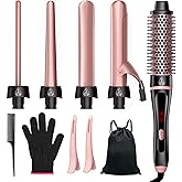5 in 1 Curling Iron & Thermal Brush Set with 4 Interchangeable Ceramic Barrels (0.35”-1.25”) Fast Heat Dual Voltage Travel Hair Tools Birthday Gift for Women - Hair Curler Wand Kit for Curls & Blowout