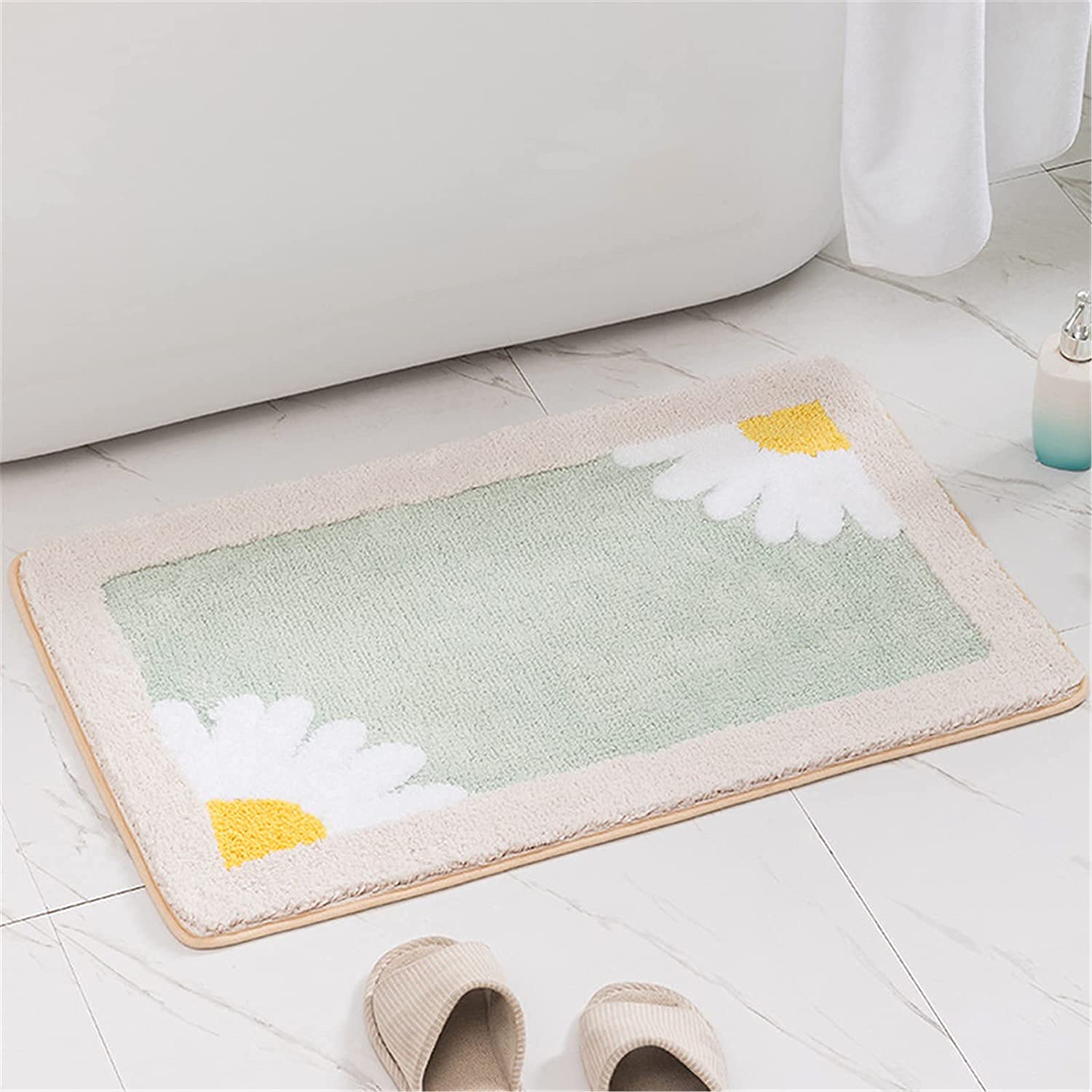 Daisy Non Slip Bath Mat Thickened Bath Rug for Bathroom Absorbent Ultra Soft Bathroom Mat Rug Fluffy Microfiber Bedside Rug Carpet Floor Mat Quick-drying Machine Washable (Daisy-Mint Green 50x80cm)