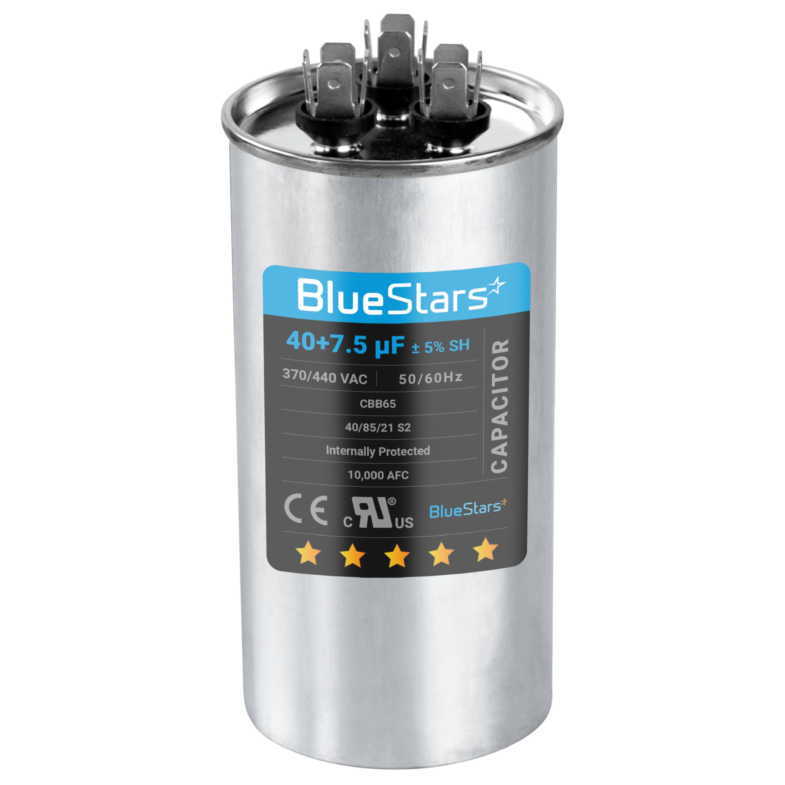 Photo 1 of [UL Listed] BlueStars 40+7.5 uF 40/7.5 MFD ±5% 370/440 VAC Dual Run Start Round AC Capacitor CBB65 CBB65B 50/60Hz 10000AFC - Fit Condenser Straight Cool Heat Pump Air Conditioner Motor