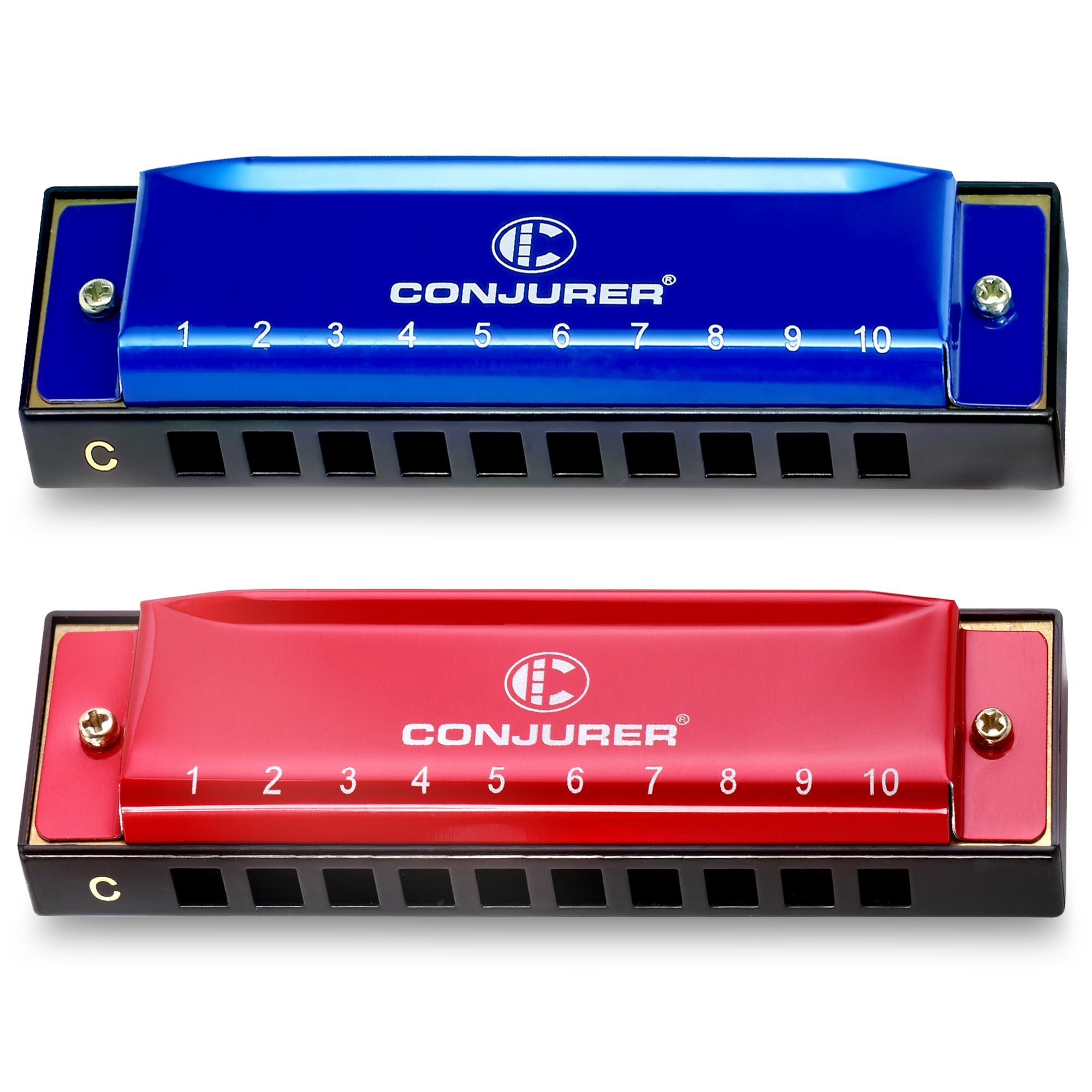 Conjurer Blues Harmonica C Mouth Organ for Children& Adults, Blues Harp 10 Holes Diatonic Harmonica Kids key of C, 1001 Blue&Red