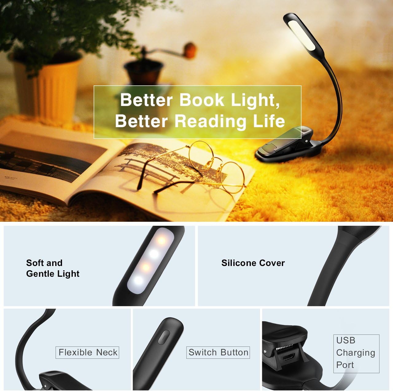 Rechargeable Book Light, TOPELEK LED Reading Light with 3-level Brightness (Cool & Warm), Flexible Easy Clip On Reading Lamp, Eye Protection, Soft Table Light for Night Reading in Bed - - 