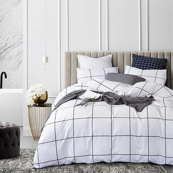 Jumeey Black and White Bedding Twin Grid Plaid Duvet Cover White