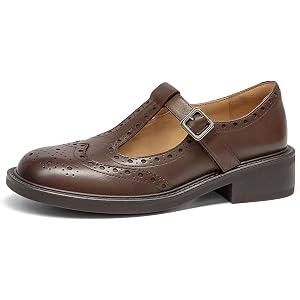 BEAU TODAY Women's Leather T-Strap Mary Jane Oxford Brogue Dress Flats | T-strap Mary Jane design with brogue details, leathe