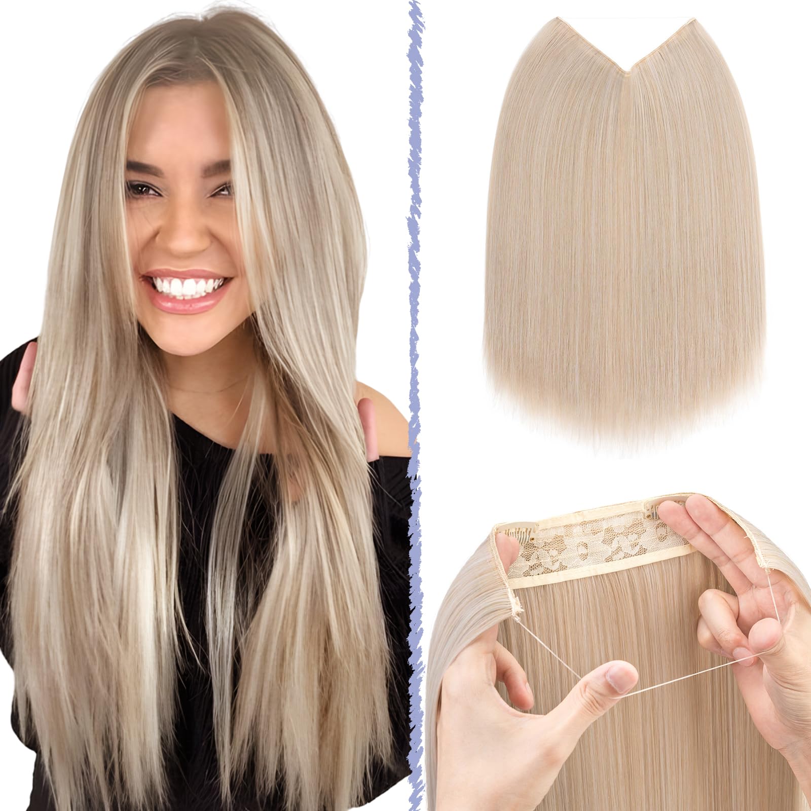 TESS Secret Wire Hair Extension Invisible One Piece Synthetic Hair Extensions Straight Full Thick Long Adjustable Hairpieces for Women (Ash Blonde Mixeded Bleach Blonde, 20 Inch) — image 1