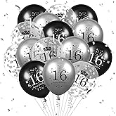 16th Birthday Balloons Kids Decorations 15pcs Black Silver Happy 16th Birthday Party Latex Confetti Balloons for Kids Boys Girls 16th Anniversary Happy Birthday Party Decor Supplies 12 inches