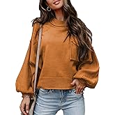 EVALESS Women's 2024 Lantern Long Sleeve Crewneck Sweater Casual Solid Color Ribbed Hem Knitwear Pullover Cropped Tops
