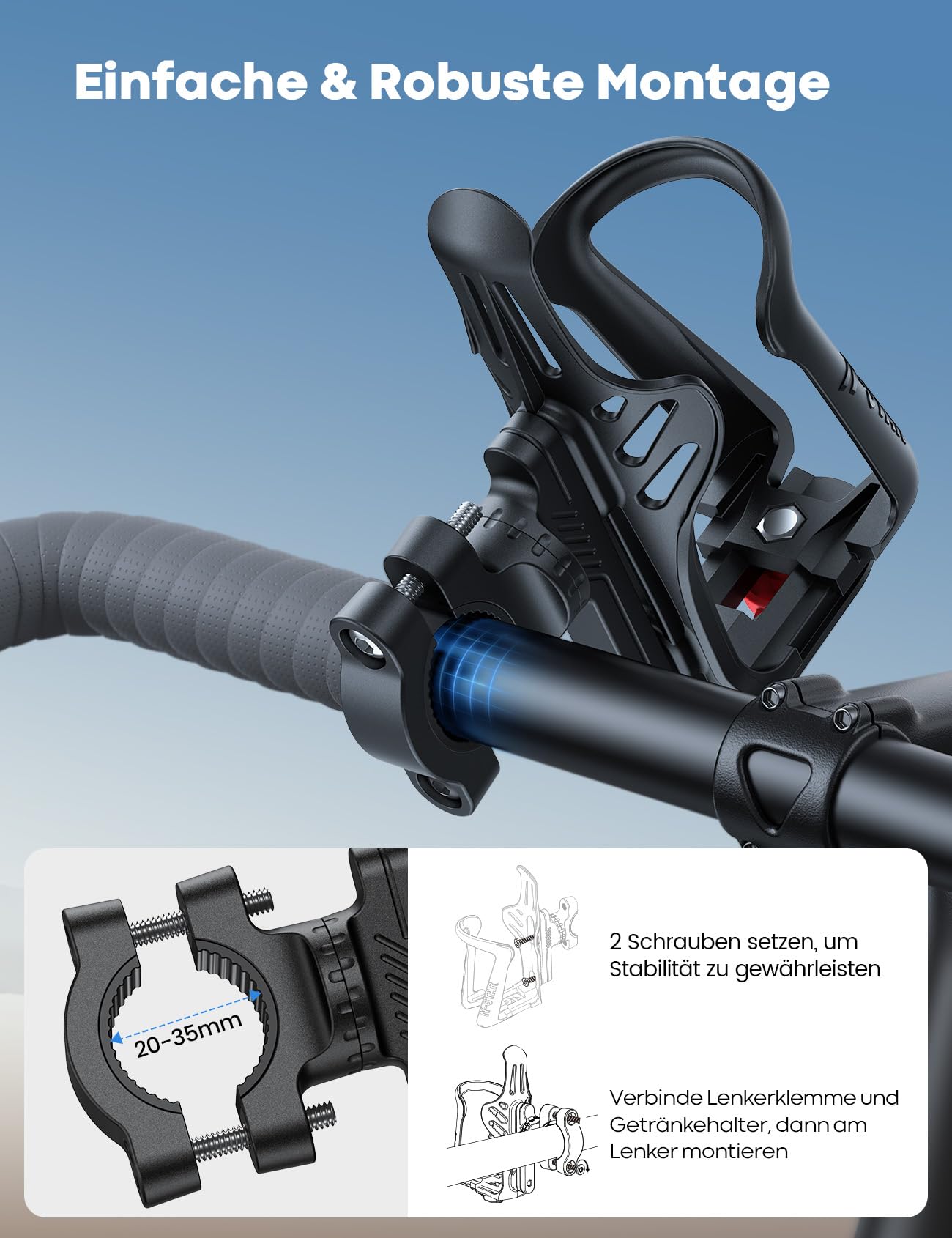 Lamicall Flaschenhalter Fahrrad Getränkehalter Motorrad - [Für Flaschen mit 48-71mm Durchmesser & Max. 500ML] Trinkflaschen Halterung für Ebike, MTB, Kinderwagen, Flaschenhalterung für Rahmen & Lenker 6