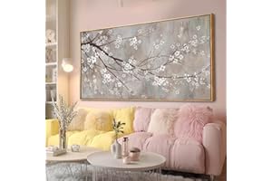 Plum Blossom Wall Decor | White Flowers Painting, Rustic Vintage Wall Art for Living Room, Aesthetic Nature Pictures, 24" x 4
