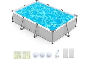 Goplus Above Ground Swimming Pool, 8.5'x6'x26'' Metal Frame Pool Set w/PVC Fabric, 3 Stoppers, Drainage Valve Connector, for 