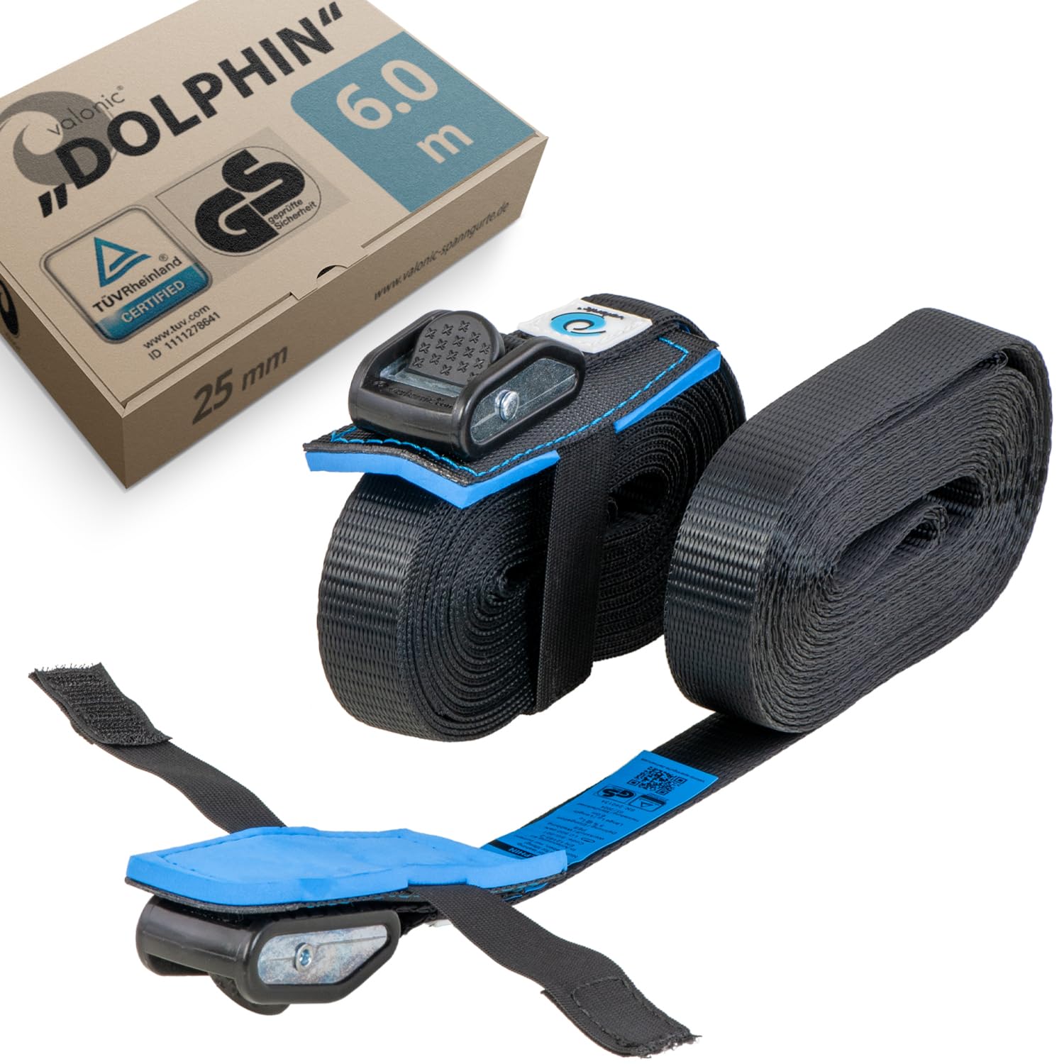 valonic DOLPHIN - 2x 6m tie down straps, 25mm, 500Kg, protection pad, TÜV Rheinl. / GS certified, EN-12195-2 - cam buckle, for roof rack, surfboard, kayak and paddle board, black
