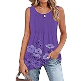 Zeagoo Women's Summer Tank Tops 2026 Pleated Crew Neck Floral Solid Loose Fit Casual Sleeveless Flowy Boho Tunic Shirts