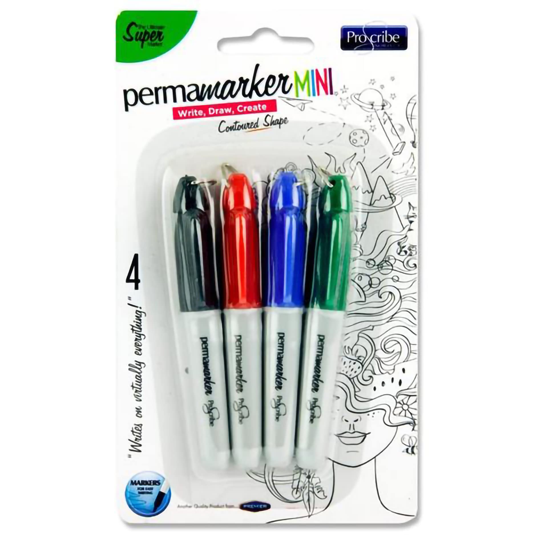 Premier Stationery Pro:Scribe 4 Mini Permanent Markers in Red, Black, Blue & Green., G3819745
