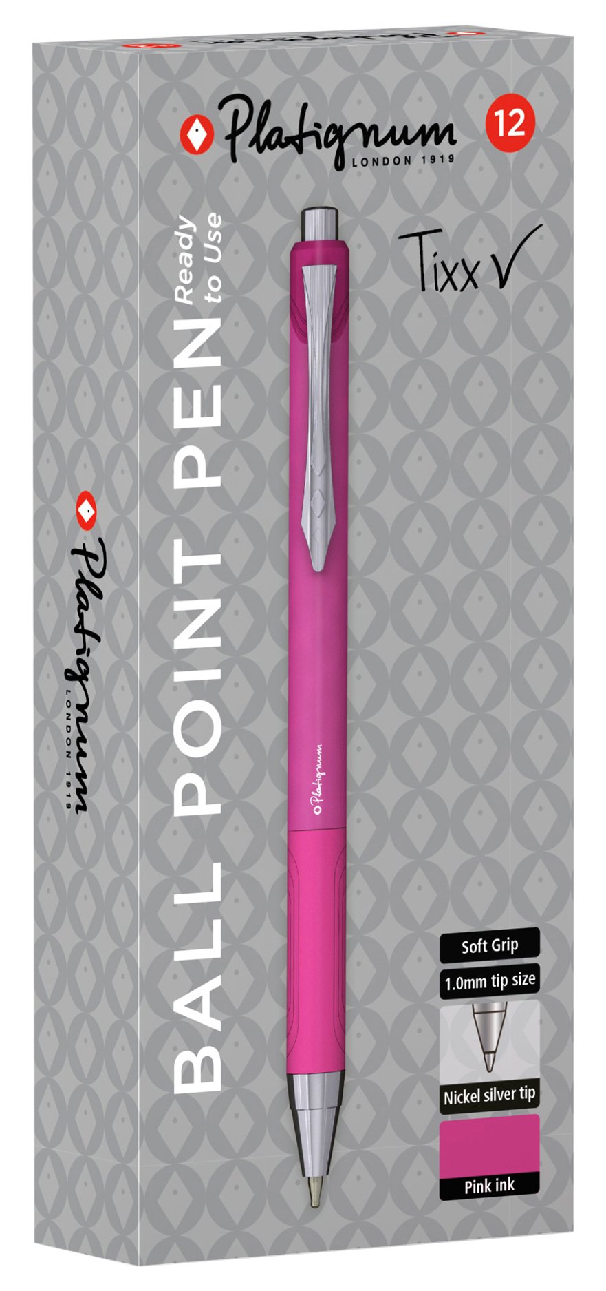 Platignum Tixx Pink Ballpoint Pen [Pack of 12] Soft Grip Barrel with Hybrid Gel Ink for Smudge-Free and Ultra-Smooth Writing [50490]