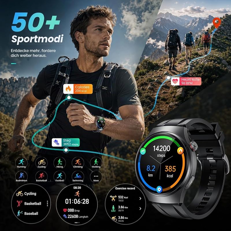 Smartwatch Herren EKG+𝐇𝐑𝐕 Blutdruck Herzfrequenz: Smart Watches Uhr Schwarz 1,43" Rund AMOLED Gesundheitsuhr 𝐄𝐂𝐆 Armbanduhr Wasserdicht Schrittzähler Telefonfunktion Fitnessuhr Uhren Android iOS — Foto 6 von 7