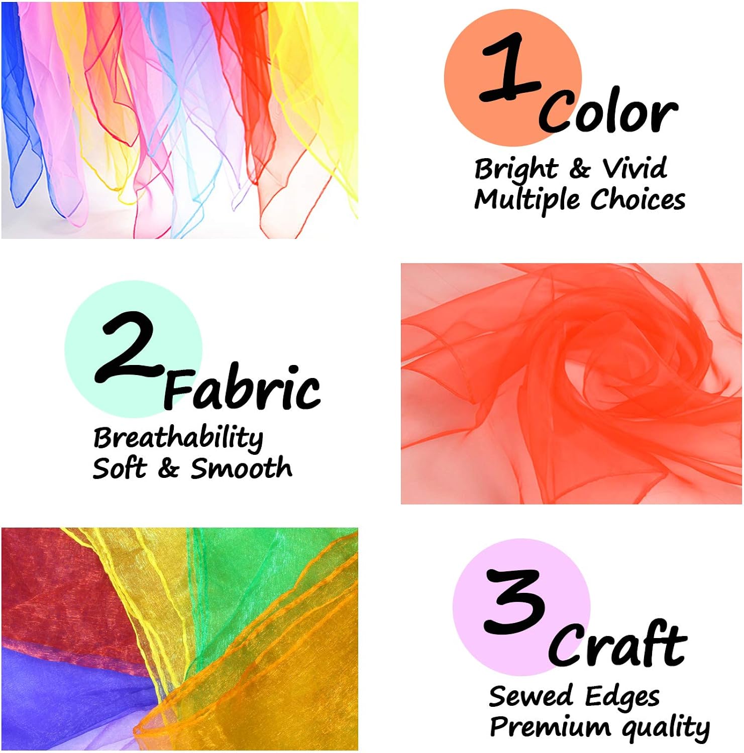 Novelty Place Dance & Juggling Scarves (12PCS) - Silk Square Scarf with Hemmed Edges - Easy Clean Ideal Performance Props Accessories - 6 Colors(24" x 24"): Clothing
