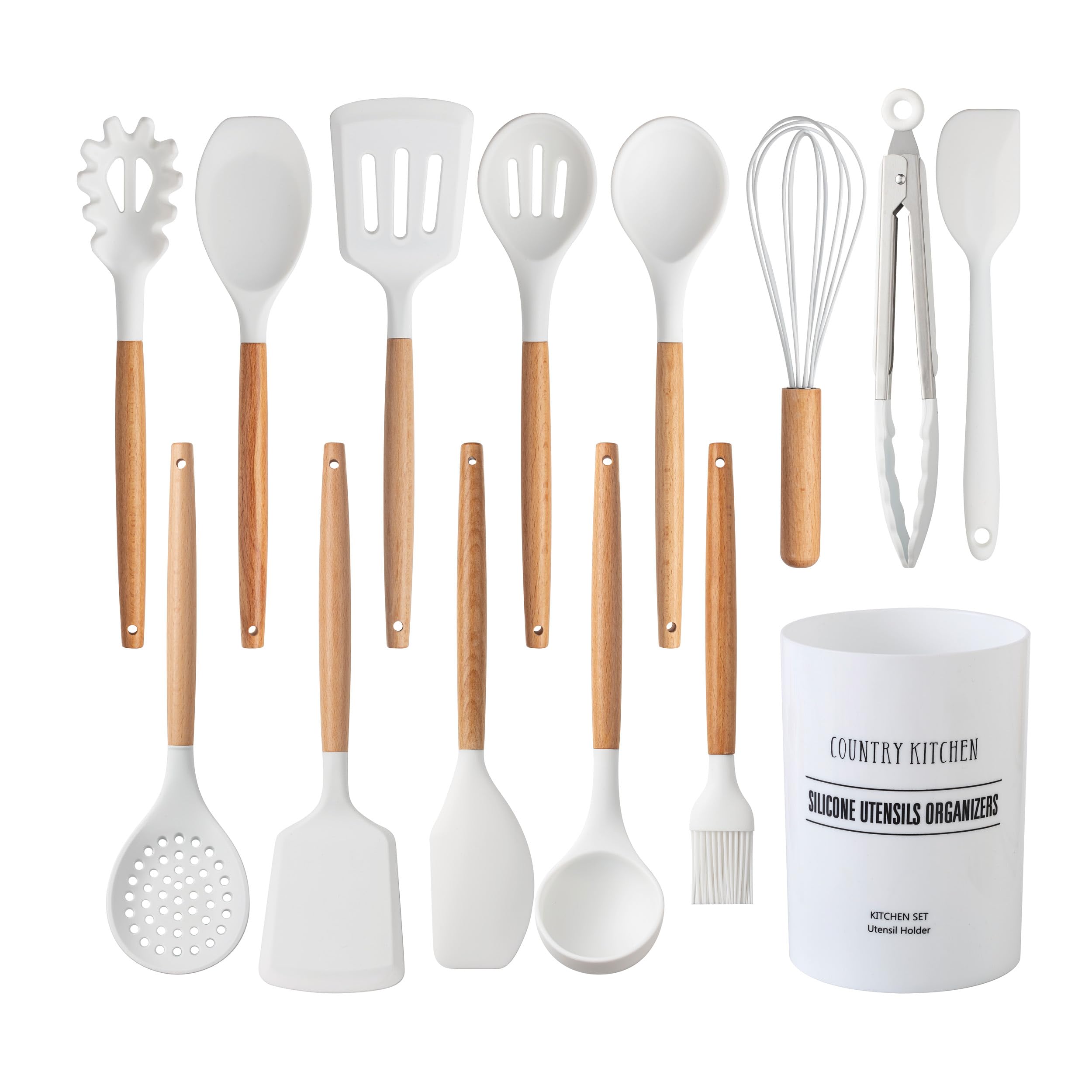 Country Kitchen Non Stick Silicone Utensil Set with Rounded Wood Handles for Cooking and Baking, 14 Piece Set, White Image