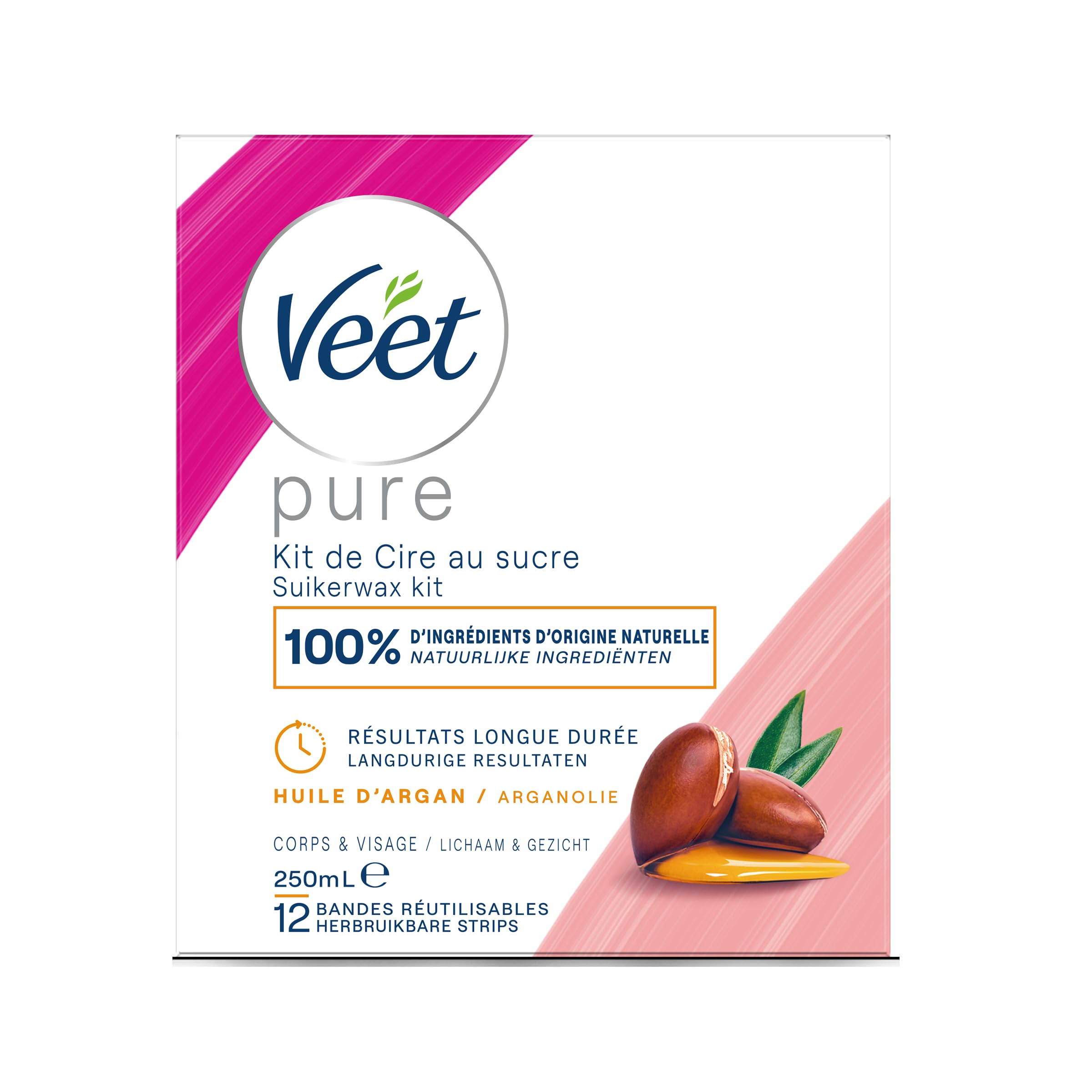 Veet PURE - Hot Wax with Sugar and Argan Oil - Strip Free Hair Removal - 100% Natural Ingredients - 250 ml