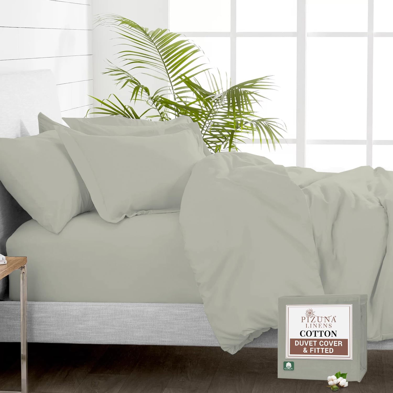 Pizuna Pure 100% Cotton Super King Duvet Cover with Super King Fitted Sheet Silver, 400 Thread Count Long Staple Cotton Bedding Set, Soft Sateen Weave Quilt Cover Set & 40 cm Deep Fitted Sheets — image 1