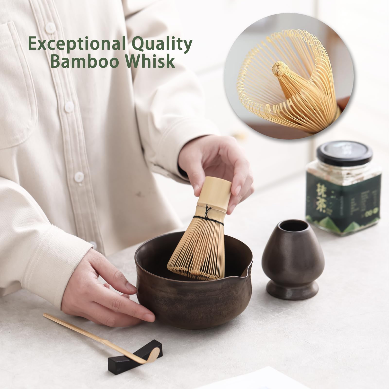 Ochcahser Matcha Set, Japanese Tea Set Includes Matcha Bowl with Spout, Matcha Whisk Holder (chasen), Bamboo Matcha Whisk and Bamboo Scoop, Ceramic Matcha Kit for Tea Lovers