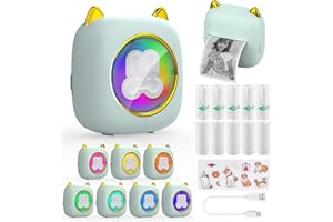 QYCHHJ Mini Pocket Printer, 7 LED Lights Inkless Mini Sticker Printer with 10 Rolls Thermal Paper, Portable Mini Phone Printer for Journal Memo Photo Study Home