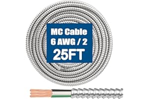 MOOKEERF 6/2 MC Cable with Ground - 25FT Pure Copper 6AWG/2 Metal Clad Wire with Aluminum Armor 6 Gauge 2 Conductor Type MC Alum Cable