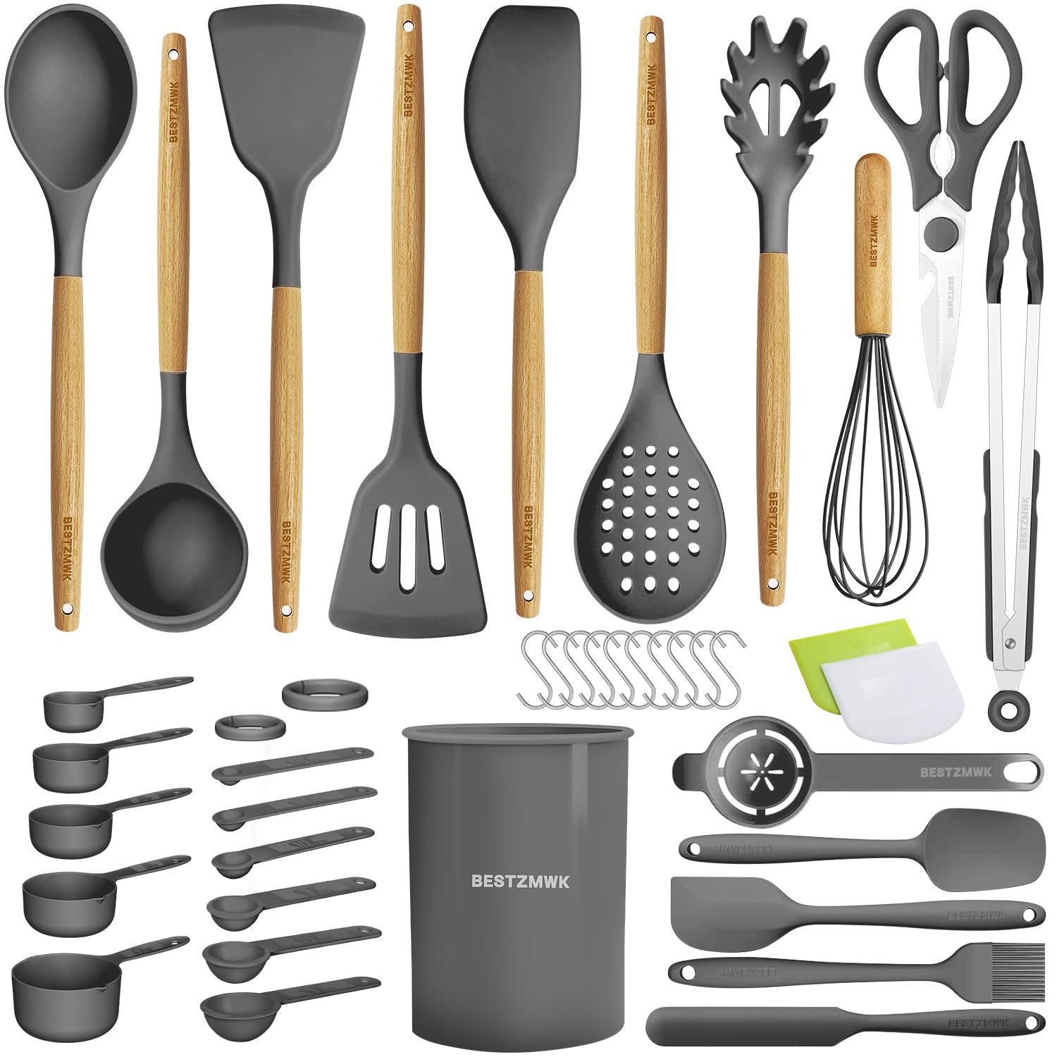 Photo 1 of Kitchen Cooking Utensils Set, 39 pcs Non-Stick Silicone Cooking Kitchen Utensils Spatula Set with Holder, Wooden Handle Silicone Kitchen Gadgets Utensil Set (Dark Grey)