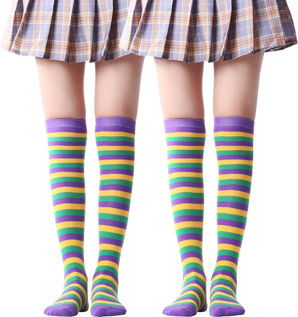 Over Knee Long Sock Striped Mardi Gras Socks St. Patrick's Day Stockings (Purple Yellow Green Socks Over Knee 2 Pairs)
