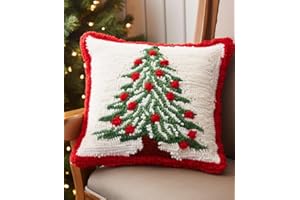 GENERIC Green and White Christmas Tree Latch Hook Pillow Kits for Beginner Needle Crochet Yarn Kits with Stamped Canvas Embroidery Cushion Hook and Latch Throw Pillow Christmas Decoration 43x43cm