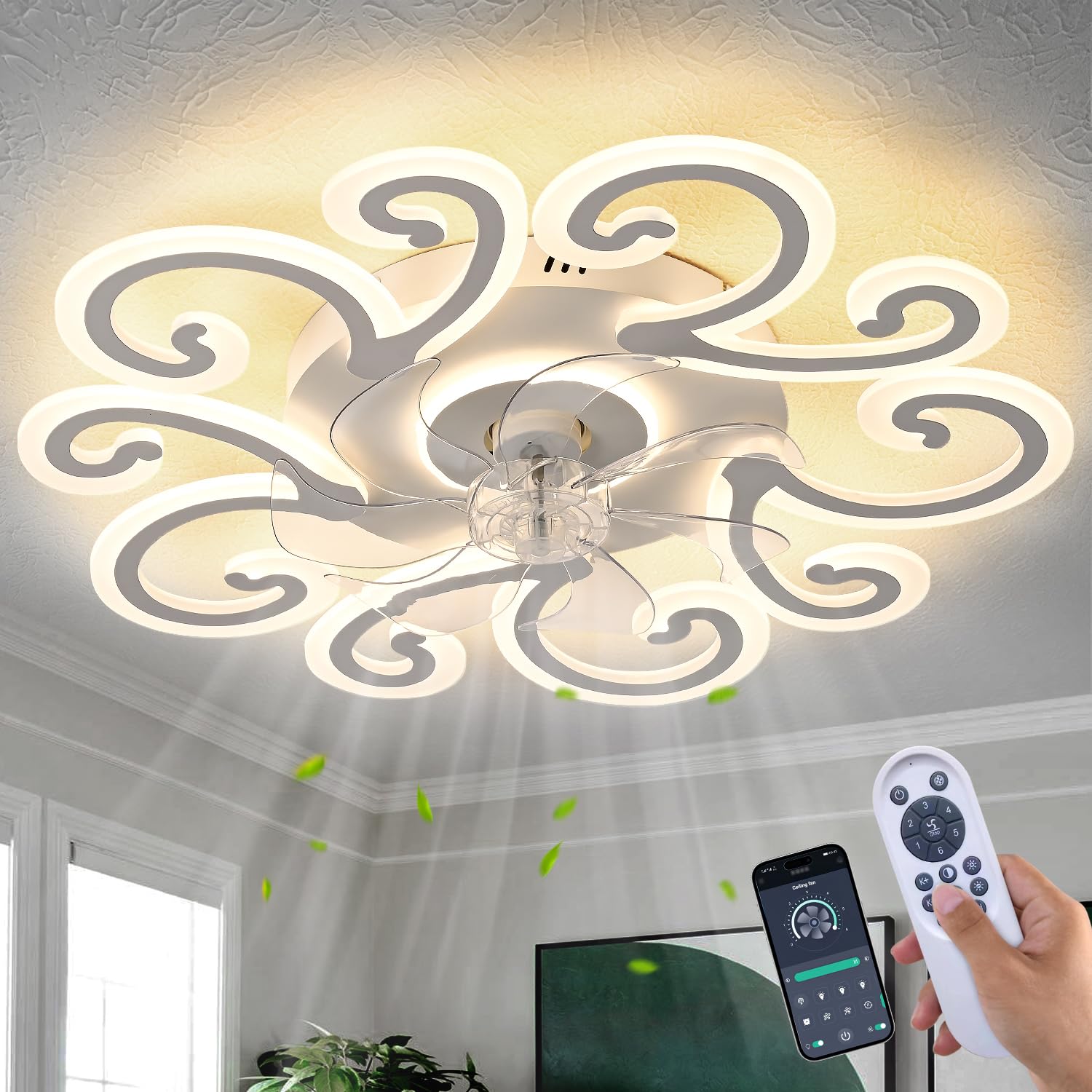 Photo 1 of Ruibutrade White Flower Modern Ceiling Fan with Lights, Low Profile Ceiling Fan with Remote for Bedroom, Flush Mount Ceiling Fans with LED Dimmable Light, 6-Speeds, Timing CeilingFan Light-yun