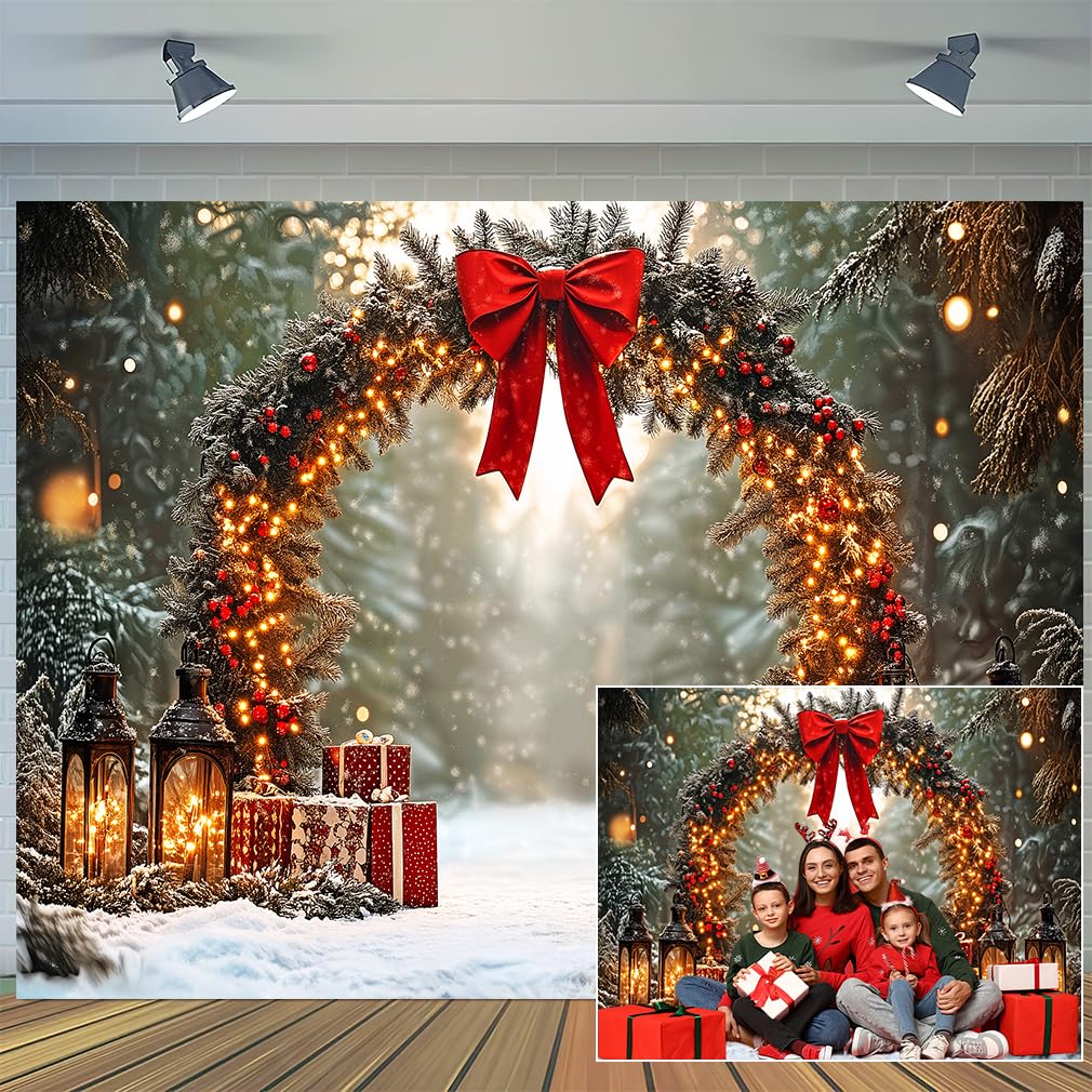 View 1 of 10 x 8 ft Christmas Forest Backdrop Winter Wonderland Snowy Forest Glitter Bow Photography Background Xmas Theme Kids Adults Party Banner Decoration Photo Studio Props