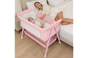 Kiniew Bedside Bassinet for Baby, Easy to Assemble Portable Bassinet for Newborn with Storage Basket, Lockable Wheels & Soft Mattress, Adjustable Height Baby Bassinets Bedside Sleeper