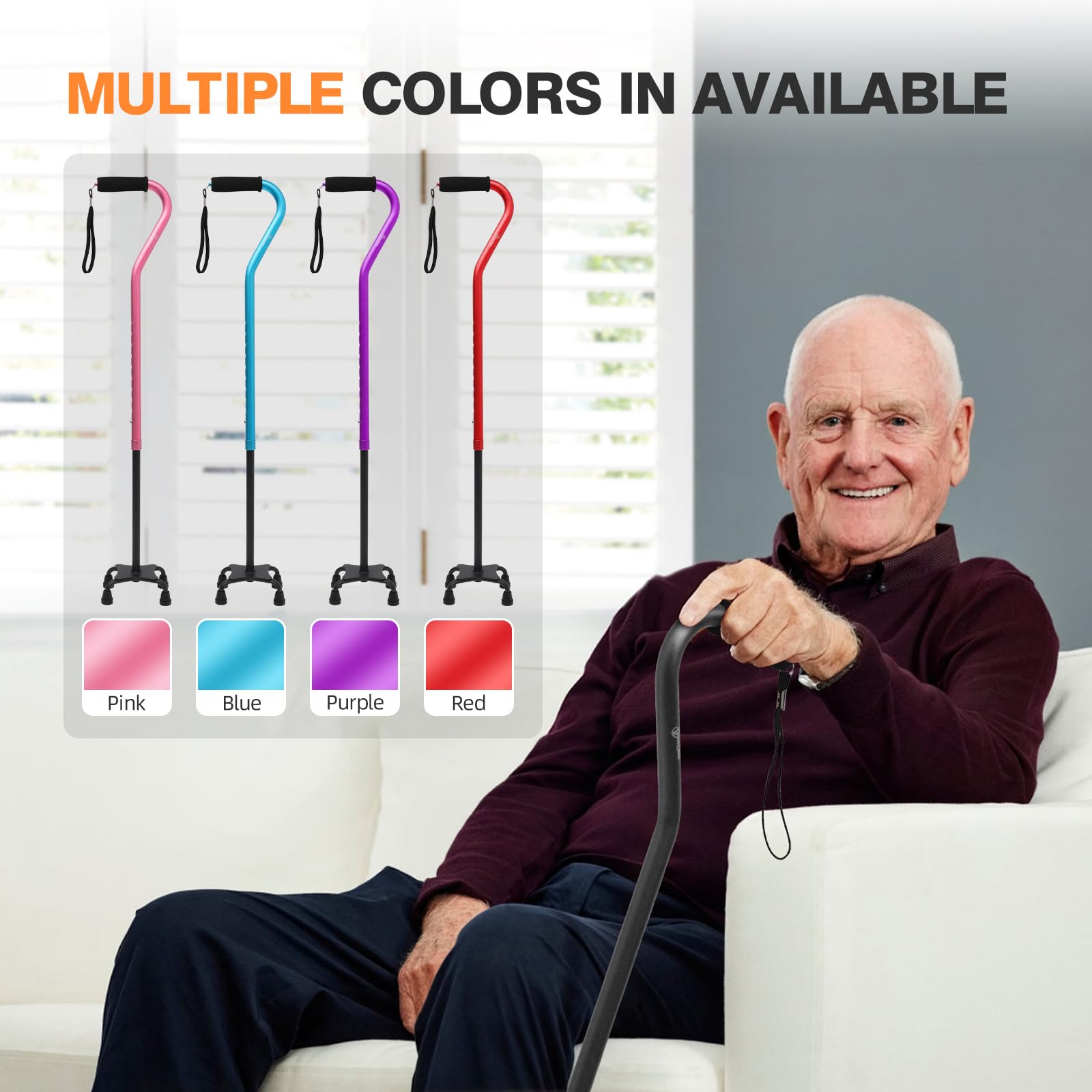 BeneCane Quad Cane Adjustable Walking Cane with Offset Soft Cushioned Handle for Men & Women Lightweight Comfortable with 4-Pronged feet for Extra Stability