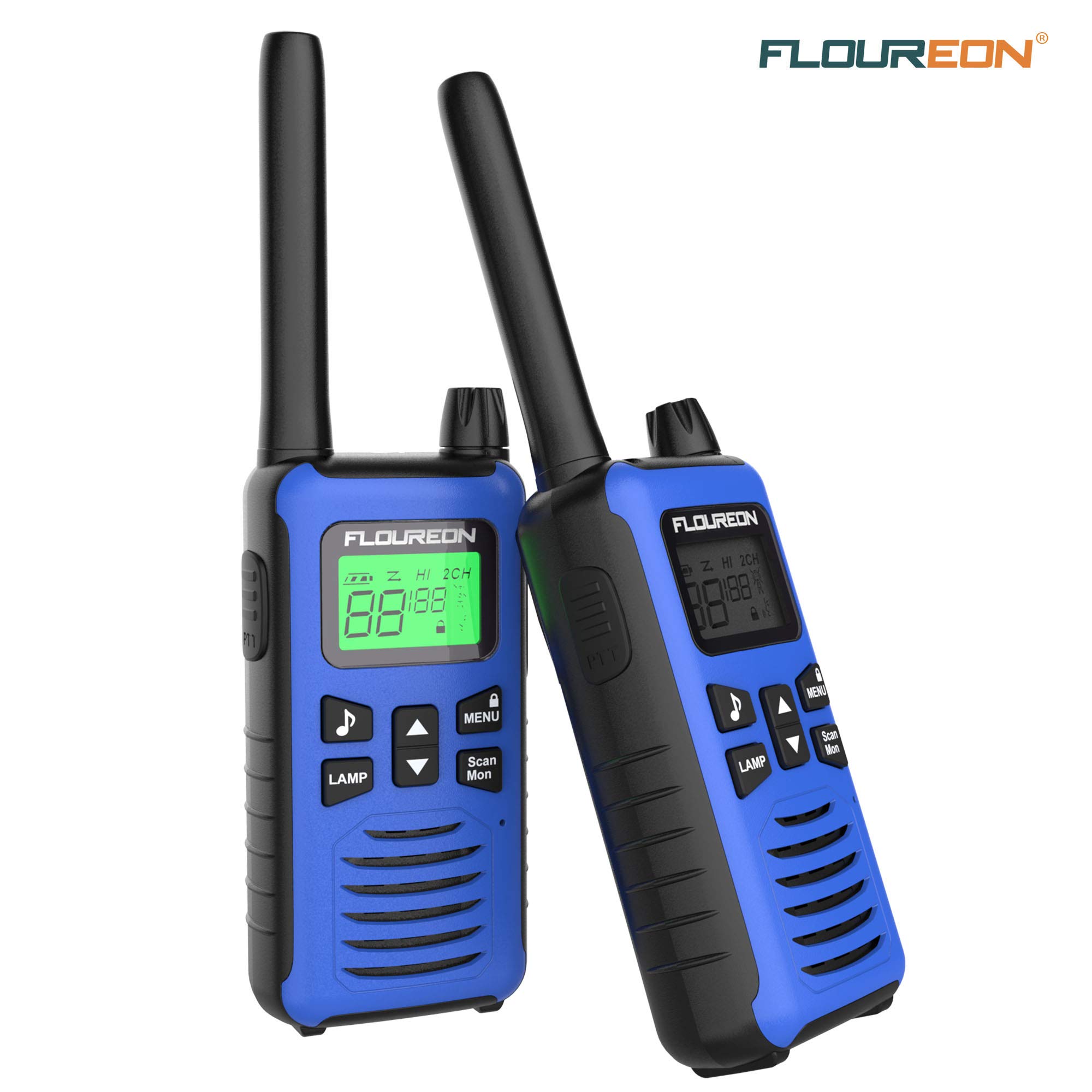 FLOUREON 2 Pack Walkie Talkies for Kids 16 Channel Interphone 2 Way Radio with LCD Display PMR 446MHZ Long Range Rechargeale for Field Survival Biking Hiking Blue