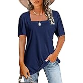 JomeDesign Womens Tops Casual Short Sleeve Square Neck Shirts Puff Sleeve Tshirts Loose Casual Blouse Summer Tee