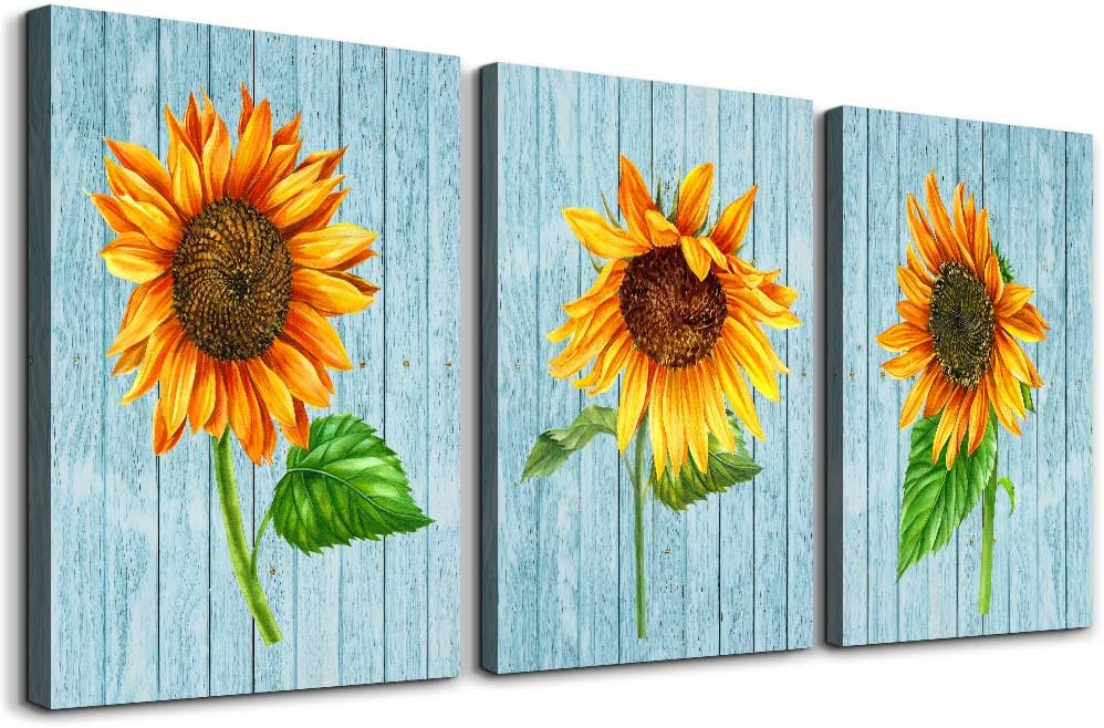 Amazon Com Canvas Wall Art For Bedroom Kitchen Bathroom Wall Decor Blue Wood Grain Green Leaves And Yellow Sunflower Painting Artwork Wall Decorations For Living Room 3 Panels Restaurant Home Decoration Pictures Posters