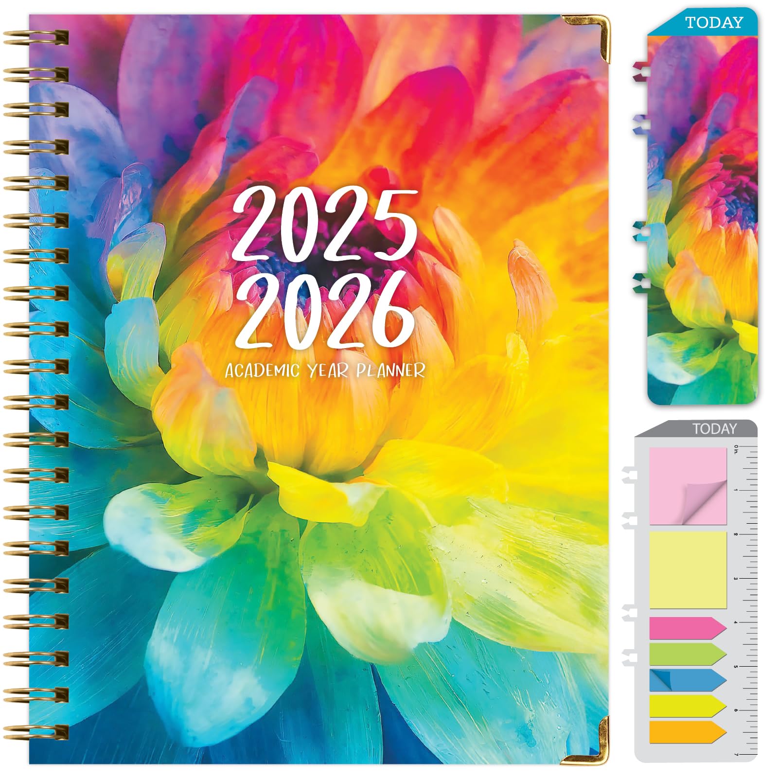 Photo 1 of HARDCOVER Academic Year 2025-2026 Planner: (June 2025 Through July 2026) 8.5"x11" Daily Weekly Monthly Planner Yearly Agenda. Bookmark, Pocket Folder and Sticky Note Set (Rainbow Petals)
