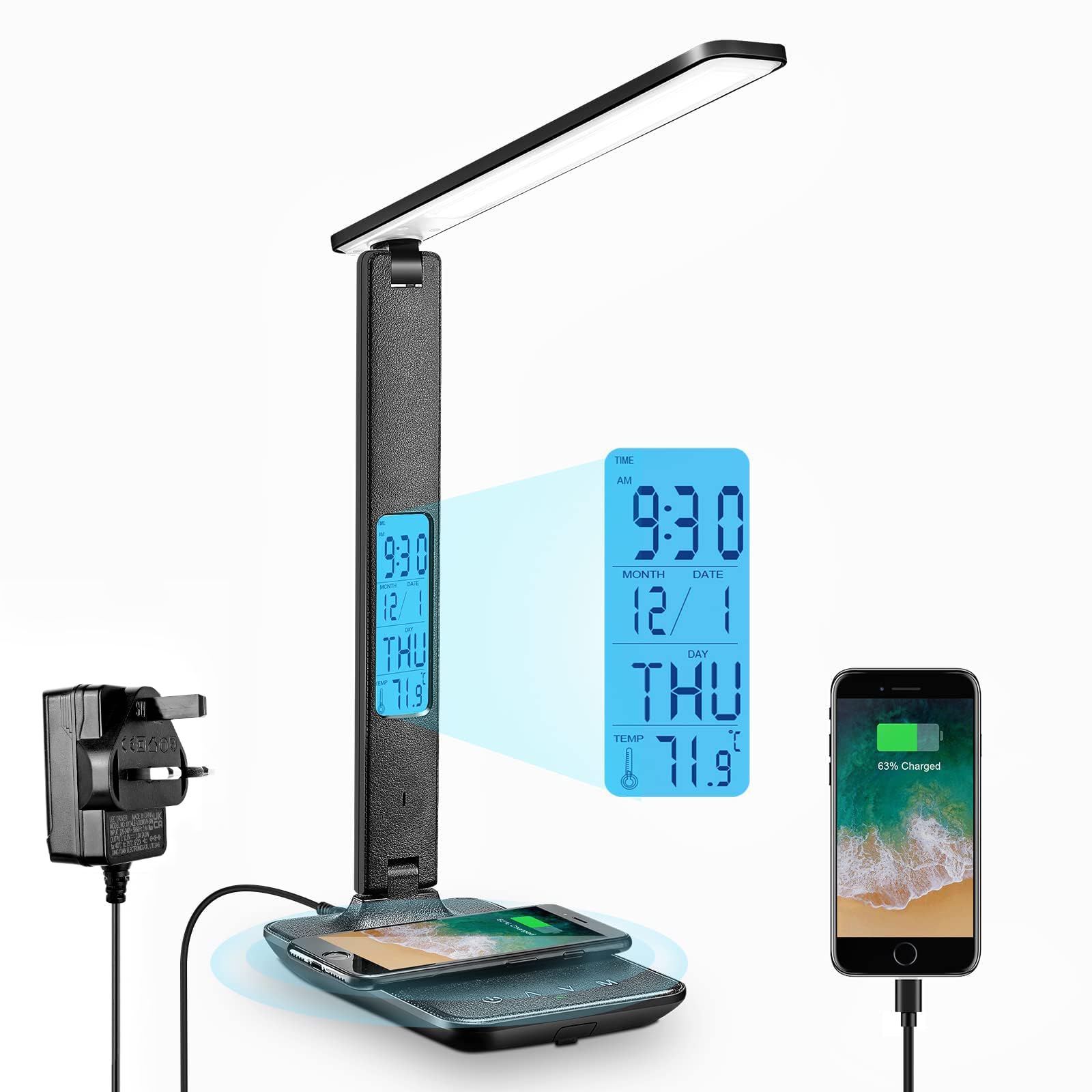 LAOPAO LED Desk Lamp with 10W Wireless Charging and USB Charging Port, 3 Colour Temperatures, 5 Brightness Levels,Touch Control, Time,Temperature,Clock Function for Home Office [Black] — image 1