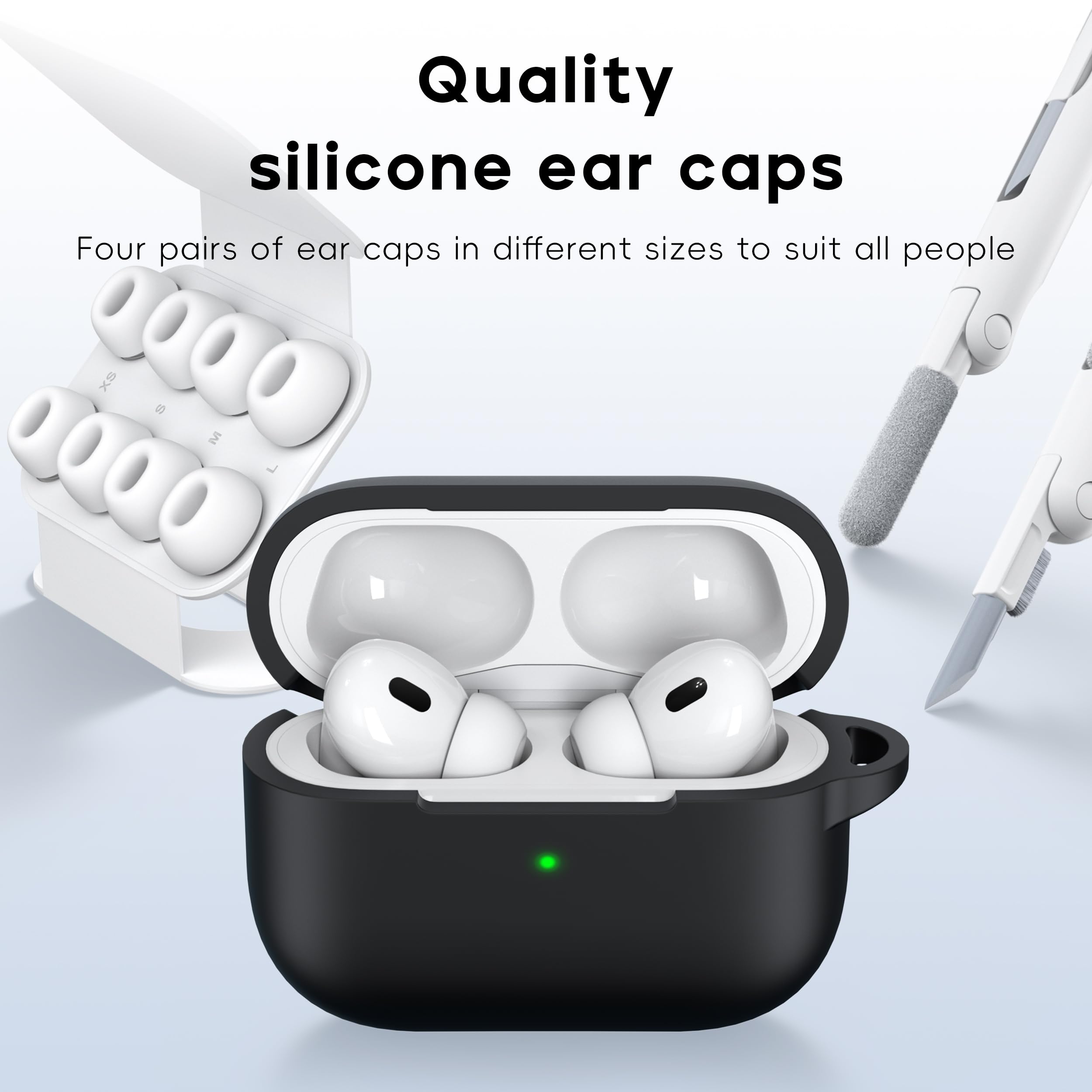 RFUNGUANGO AirPods Pro 2 Case, Soft Silicone Protection Cover | Compatible with 2023/2022/2019 models | USB-C/Lightning Cable | Includes Cleaner Kit & EarTips | Black